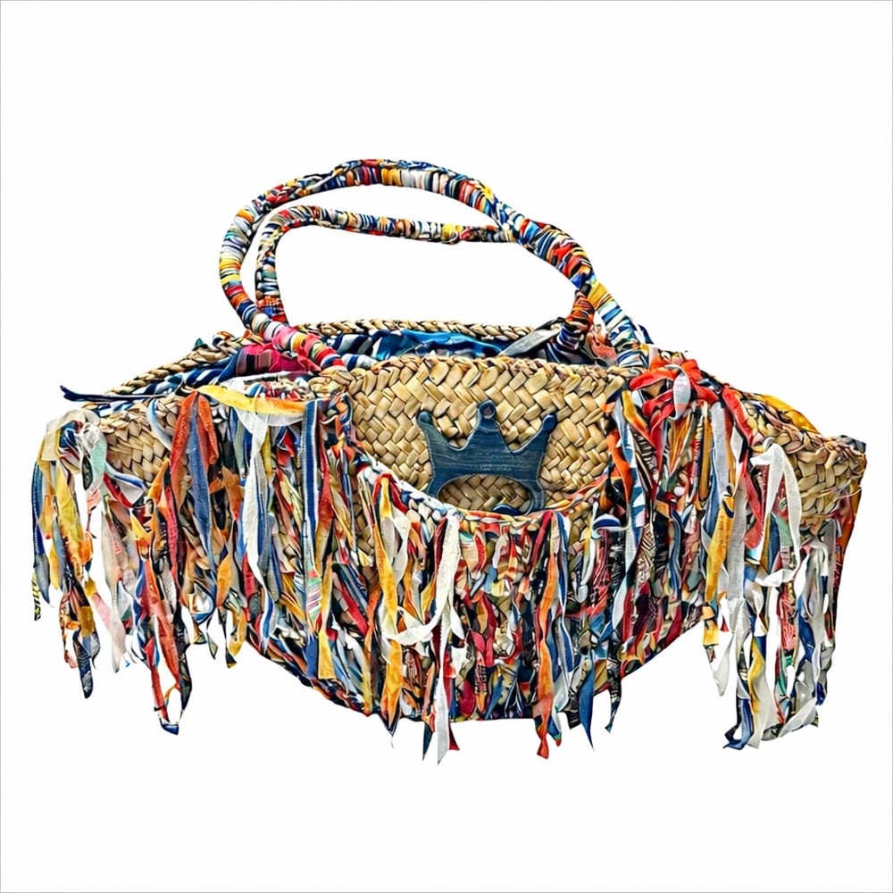 Boho Woven Straw Fringe Tote Bag Colorful Fabric Tassel Beach Handbag